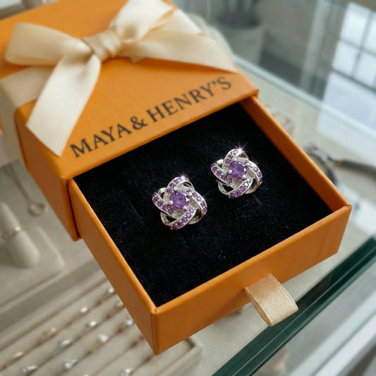 ZEVORA Purple Crystal Knot Earrings – White Gold Amethyst Knot Stud Earrings
