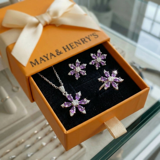 ZEVORA Amethyst Bloom Jewelry Set – White Gold