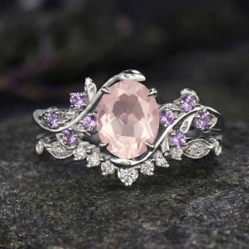 ZEVORA Miravelle Leafglow Ring Set – Handmade White Gold & Amethyst Jewelry Set