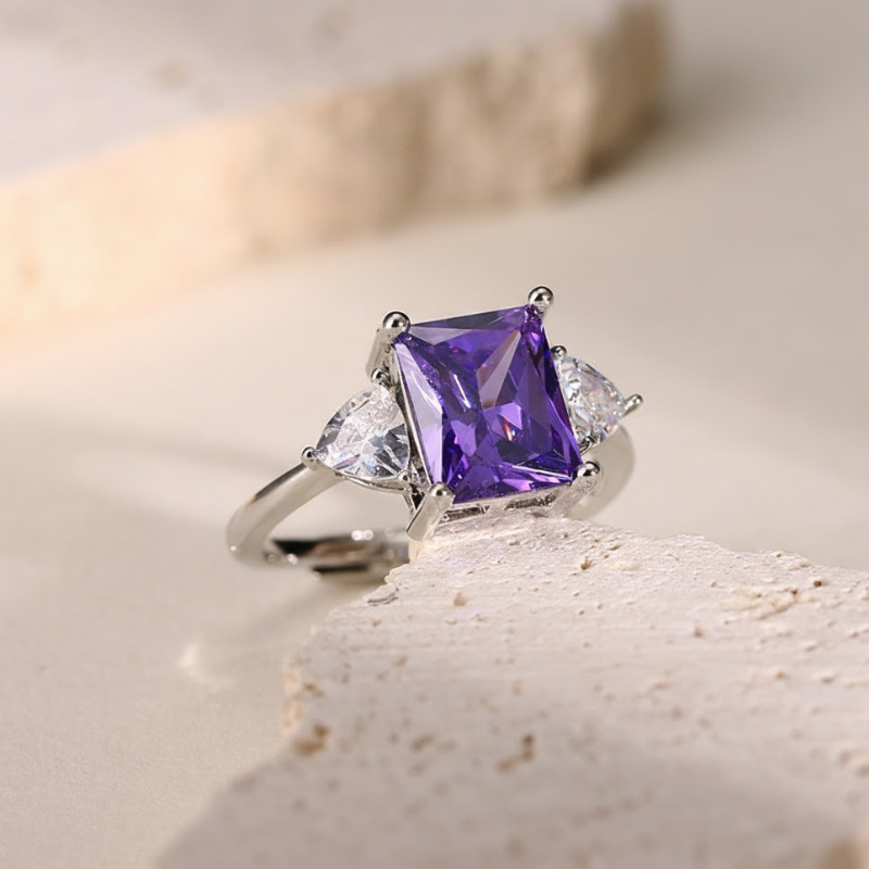 ZEVORA Trinity Amethyst Ring – Handmade White Gold & Amethyst Jewelry