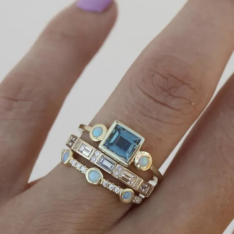 ZEVORA Timeless Azure Ring Set – Handmade Gold & Blue Stone Stackable Ring Set