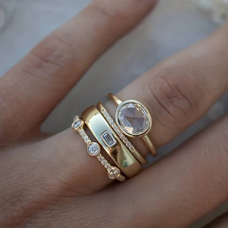 ZEVORA Vintage Gold & Zirconia Ring Set – Handmade Gold Vintage-Inspired Stackable Ring Set