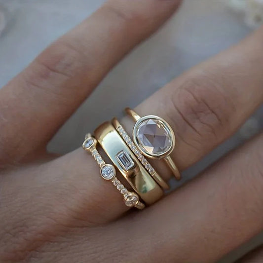 ZEVORA Vintage Gold & Zirconia Ring Set – Handmade Gold Vintage-Inspired Stackable Ring Set