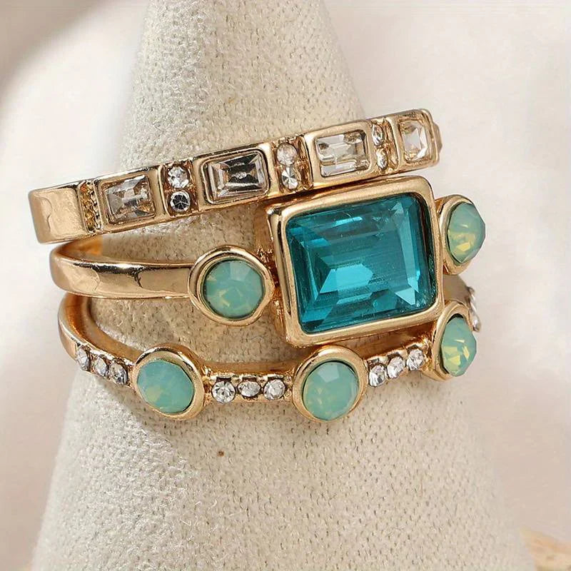 ZEVORA Timeless Azure Ring Set – Handmade Gold & Blue Stone Stackable Ring Set