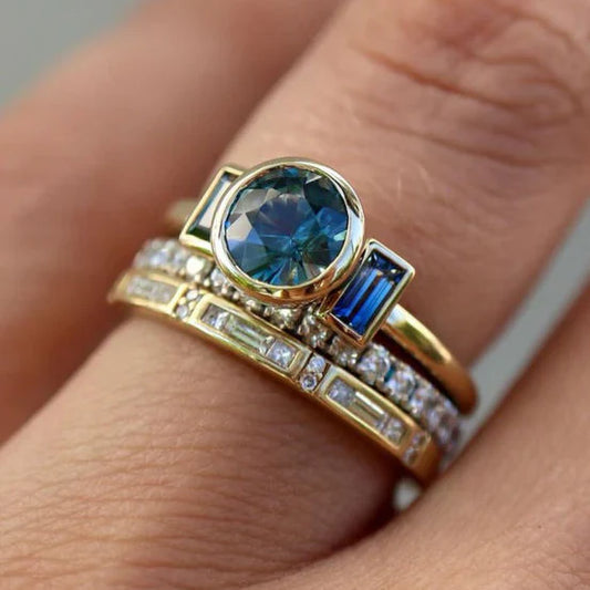 ZEVORA Antique Blue Elegant Ring Set – Gold