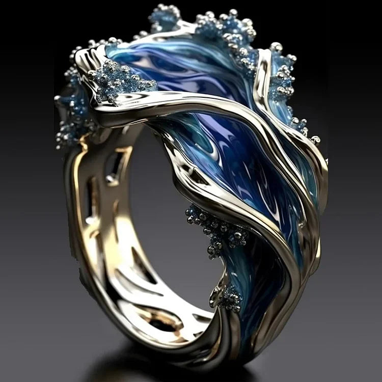ZEVORA Antique Golden Ocean Wavy Ring – White Gold