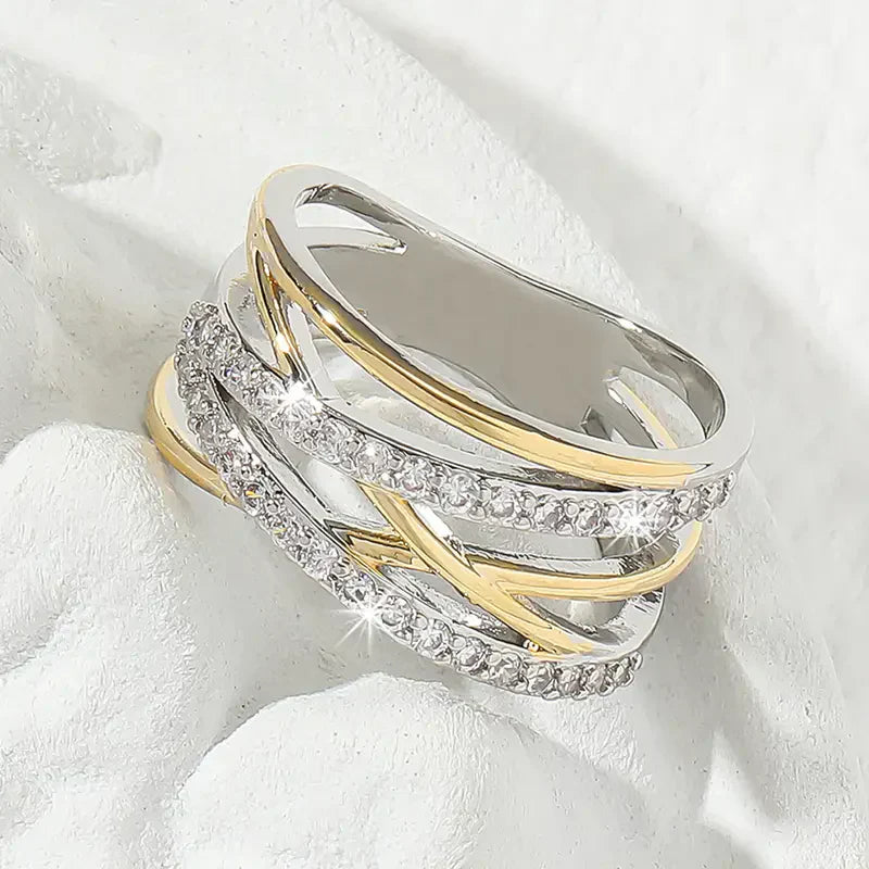 ZEVORA SilverGold Radiance Zirconia Ring – 18K Mixed Gold Sparkling Zirconia Ring