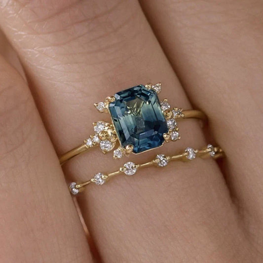 ZEVORA Crystal Blue Shine Ring Set – Gold