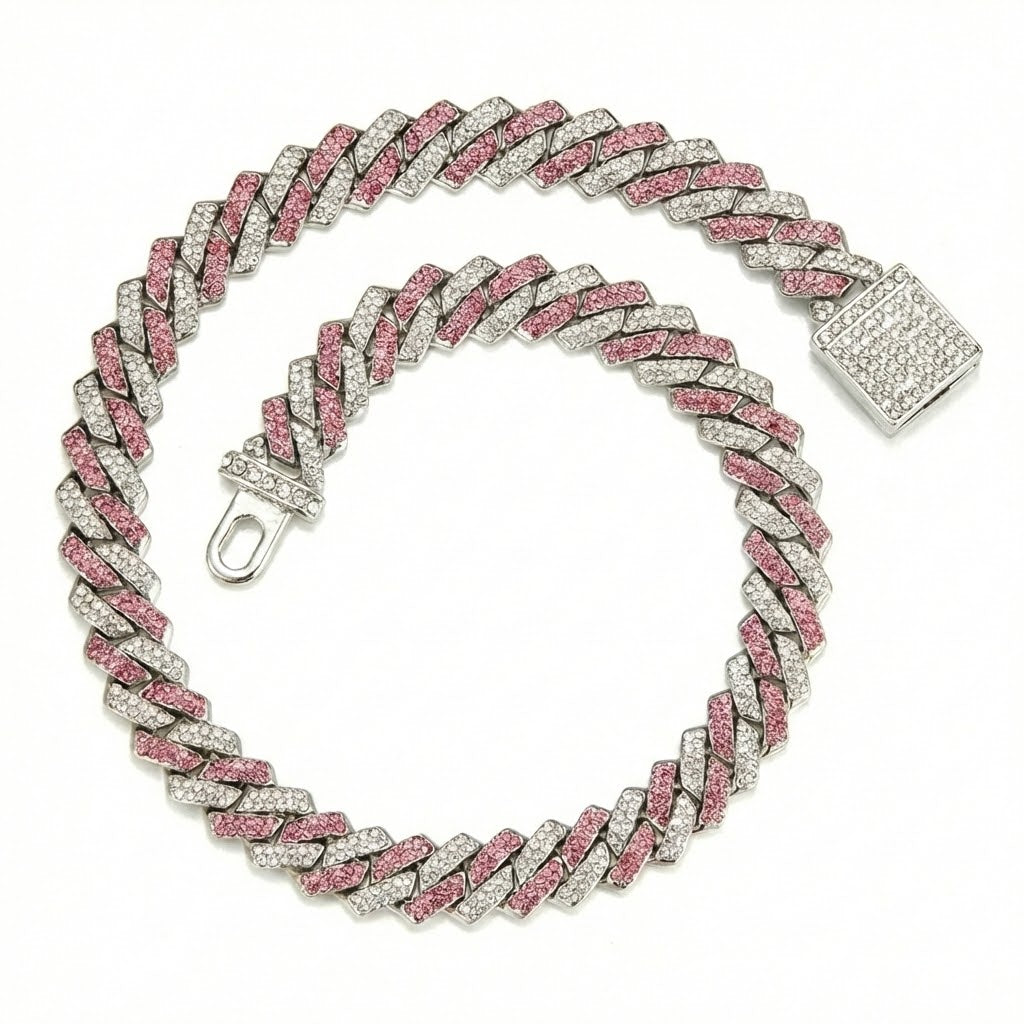 ZEVORA Pink Shimmer Cuban Bracelet | White Gold