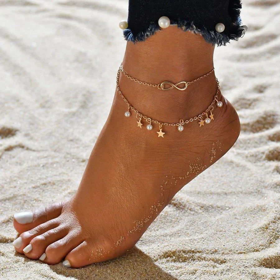 ZEVORA Infinity Anklet Bracelet + Pearls and Stars | Gold